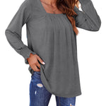 Nadorine Long Sleeve Shirts Square Neck Pleated Tunic Tops