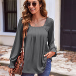 Nadorine Long Sleeve Shirts Square Neck Pleated Tunic Tops