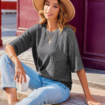 Nadorine Ribbed Knit Short Sleeve Casual Tunic Tops