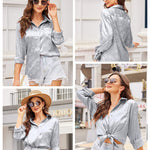 Satin Silk Shirt Floral Button Down Blouse - Nadorine (Us Only)