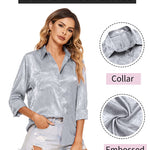 Satin Silk Shirt Floral Button Down Blouse - Nadorine (Us Only)