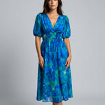 Phoebe Harrison | V-Neck Puff Sleeve Pleated Midi Dress For Women