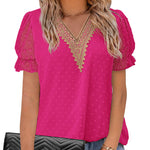 Womens V Neck Puff Short Sleeve Tops Swiss Dots Chiffon Lace Neckline Shirts Blouses - Nadorine (Us Only)