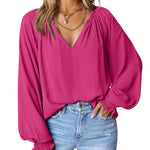 Nadorine Blouses Puff Long Sleeve Pleated V Neck Tunic Tops