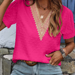 Womens V Neck Puff Short Sleeve Tops Swiss Dots Chiffon Lace Neckline Shirts Blouses - Nadorine (Us Only)