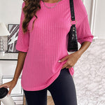 Nadorine Ribbed Knit Short Sleeve Casual Tunic Tops