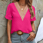 Womens V Neck Puff Short Sleeve Tops Swiss Dots Chiffon Lace Neckline Shirts Blouses - Nadorine (Us Only)