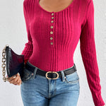Nadorine Sweaters Ribbed Knit Long Sleeve Henley Shirts
