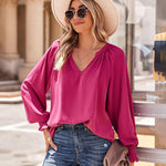 Nadorine Blouses Puff Long Sleeve Pleated V Neck Tunic Tops