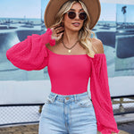 Zeagoo Women's Top Mesh Long Sleeve Shirts Casual Square Neck Polka Dot Puff Sleeve Tunic Blouse (Us Only)