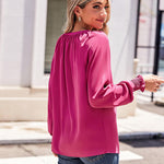 Nadorine Blouses Puff Long Sleeve Pleated V Neck Tunic Tops