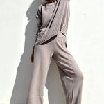 Elegant Two-piece Set Round Neck Sweater and Wide Leg Pant Outfits