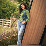 Stretch Embroidered Print Denim Wide Leg Trousers
