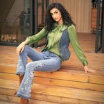 Stretch Embroidered Print Denim Wide Leg Trousers