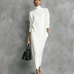 Women's Elegant Black Knitted Turtleneck Long-sleeved Loose-fitting Maxi Dress With No Pockets