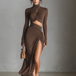 Women's Fashionable Brown Knitted Stretch Long-sleeved Dress