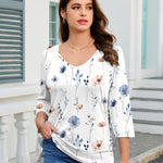 Casual 3/4 Length Sleeve V Neck Dressy Floral Tunic Top (US Only)