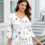 Casual 3/4 Length Sleeve V Neck Dressy Floral Tunic Top (US Only)