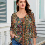 Casual 3/4 Length Sleeve V Neck Dressy Floral Tunic Top (US Only)