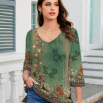 Casual 3/4 Length Sleeve V Neck Dressy Floral Tunic Top (US Only)