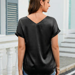 Elegant Casual Satin Short Sleeve V Neck Blouse (US Only)