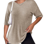 Nadorine Ribbed Knit Short Sleeve Casual Tunic Tops