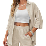 Linen Shirt Elastic Waist Casual Shorts Set - Nadorine (Us Only)