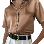 Nadorine Women Satin Shirt V-Neck Short Sleeve Button Down Shirt Casual Loose Office Silk Tops  (Us Only)