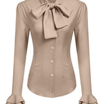 Women Bow Tie Neck Blouses Ruffle Long Sleeve Shirts Button-Down Office Work Casual Tops XS-3XL - Nadorine (Us Only)