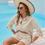Linen Shirt Elastic Waist Casual Shorts Set - Nadorine (Us Only)