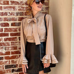 Women Bow Tie Neck Blouses Ruffle Long Sleeve Shirts Button-Down Office Work Casual Tops XS-3XL - Nadorine (Us Only)