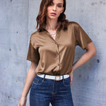 Nadorine Women Satin Shirt V-Neck Short Sleeve Button Down Shirt Casual Loose Office Silk Tops  (Us Only)