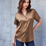 Nadorine Women Satin Shirt V-Neck Short Sleeve Button Down Shirt Casual Loose Office Silk Tops  (Us Only)