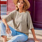 Nadorine Ribbed Knit Short Sleeve Casual Tunic Tops