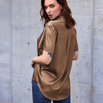 Nadorine Women Satin Shirt V-Neck Short Sleeve Button Down Shirt Casual Loose Office Silk Tops  (Us Only)