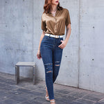 Nadorine Women Satin Shirt V-Neck Short Sleeve Button Down Shirt Casual Loose Office Silk Tops  (Us Only)