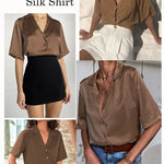 Nadorine Women Satin Shirt V-Neck Short Sleeve Button Down Shirt Casual Loose Office Silk Tops  (Us Only)
