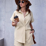 Women's 2 Piece Casual Tracksuit Outfit Sets Cotton Linen Short Sleeve Button Down Shirt and Loose Casual Shorts Set - Nadorine (Us Only)