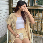 Women's 2 Piece Casual Tracksuit Outfit Sets Cotton Linen Short Sleeve Button Down Shirt and Loose Casual Shorts Set - Nadorine (Us Only)