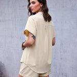 Women's 2 Piece Casual Tracksuit Outfit Sets Cotton Linen Short Sleeve Button Down Shirt and Loose Casual Shorts Set - Nadorine (Us Only)