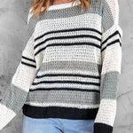 Striped Color Block Round Neck Loose Knit Sweater