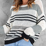 Striped Color Block Round Neck Loose Knit Sweater