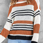 Striped Color Block Round Neck Loose Knit Sweater