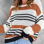 Striped Color Block Round Neck Loose Knit Sweater