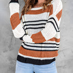Striped Color Block Round Neck Loose Knit Sweater
