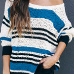 Striped Color Block Round Neck Loose Knit Sweater