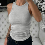 Round Neck Sleeveless Side Ruched Tank Slim Fit Ribbed Racerback Tank Top