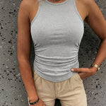 Round Neck Sleeveless Side Ruched Tank Slim Fit Ribbed Racerback Tank Top