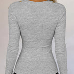 Women's Gold Studded Long Sleeve Rib-Knit T-Shirt Slim Fit Round Neck Top