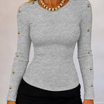 Women's Gold Studded Long Sleeve Rib-Knit T-Shirt Slim Fit Round Neck Top